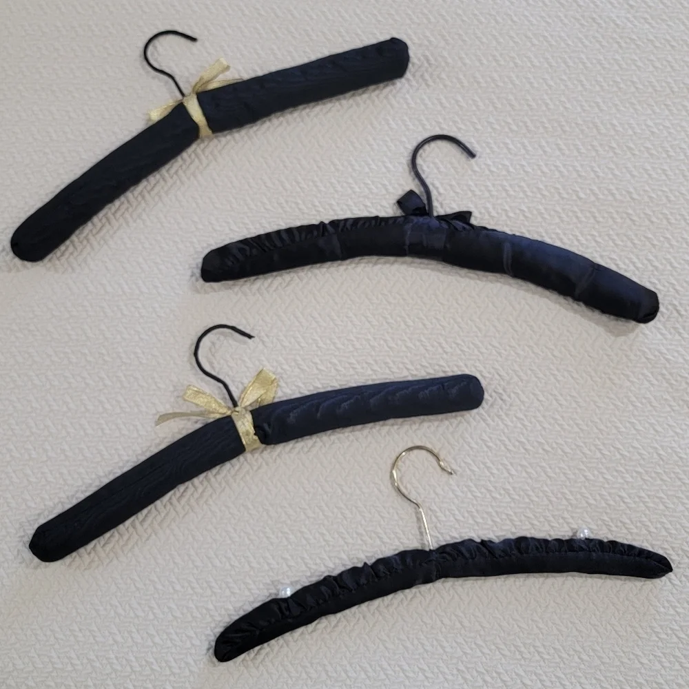 Set of Vintage Black Satin Padded Hangers with Gold And Pearl Accents
